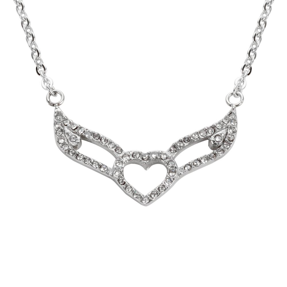 Women's Crystal Double Angel Wing Outline Necklace 19" 1 1/4" Wide Stainless Steel Motorcycle Jewelry