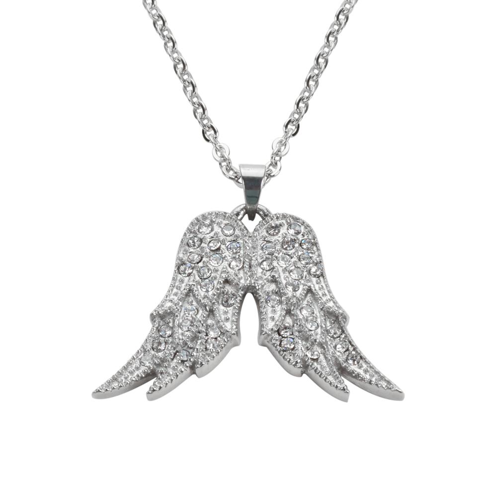 Women's Crystal Fixed Double Angel Wing Necklace 19" 1 1/4" Wide Stainless Steel Motorcycle Jewelry