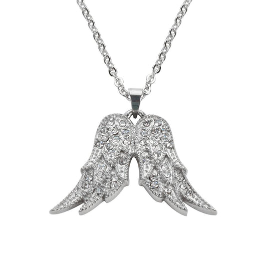 Women's Crystal Fixed Double Angel Wing Necklace 19" 1 1/4" Wide Stainless Steel Motorcycle Jewelry