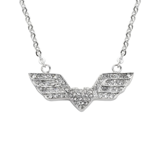 Women's Double Angel Wing Heart Crystal Necklace 19" 1 3/16" Wide Stainless Steel Motorcycle Jewelry