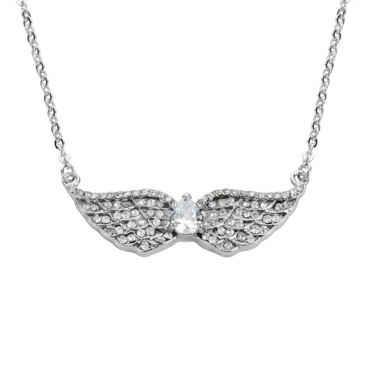 Women's Double Angel Wing Crystal Pear Shaped Center Stone Necklace 19" 1 1/2" Wide Stainless Steel Motorcycle Jewelry