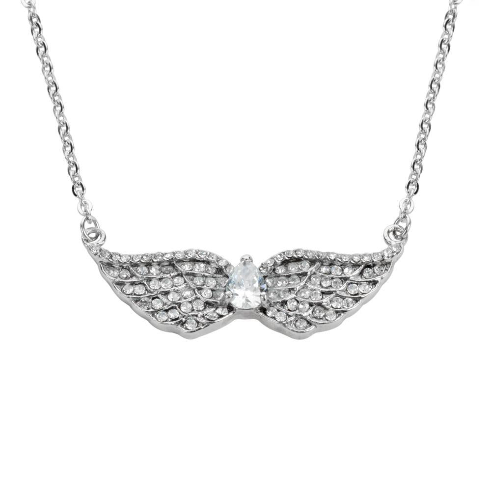 Women's Double Angel Wing Crystal Pear Shaped Center Stone Necklace 19" 1 1/2" Wide Stainless Steel Motorcycle Jewelry
