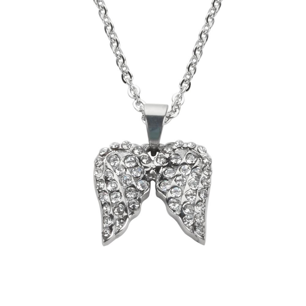 Women's Double Angel Wing Crystal Necklace 19" 9/16" Wide Stainless Steel Motorcycle Jewelry