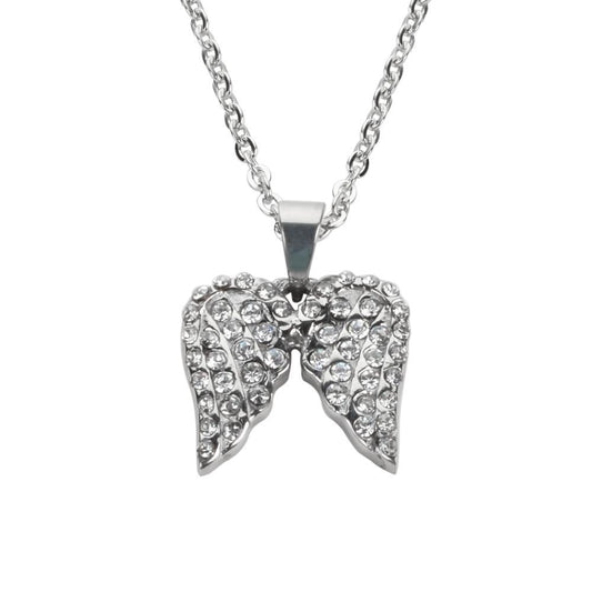Women's Double Angel Wing Crystal Necklace 19" 9/16" Wide Stainless Steel Motorcycle Jewelry