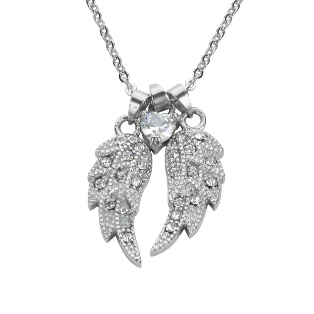 Women's Double Angel Wing Crystal Heart Shaped Center Stone Necklace 19" 1 1/2" Wide Stainless Steel Motorcycle Jewelry