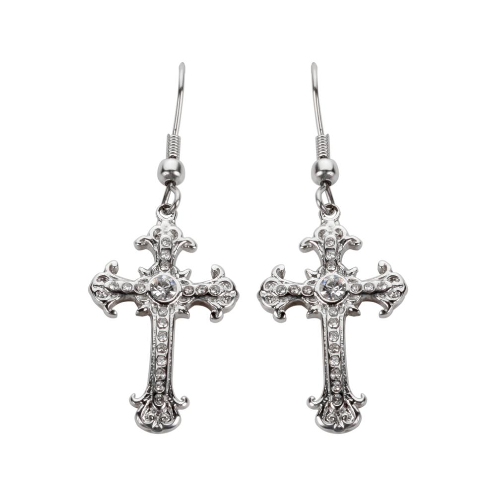 Cross Earrings French Wire Silver Tone Imitation Diamonds Stainless Steel Motorcycle Biker Jewelry