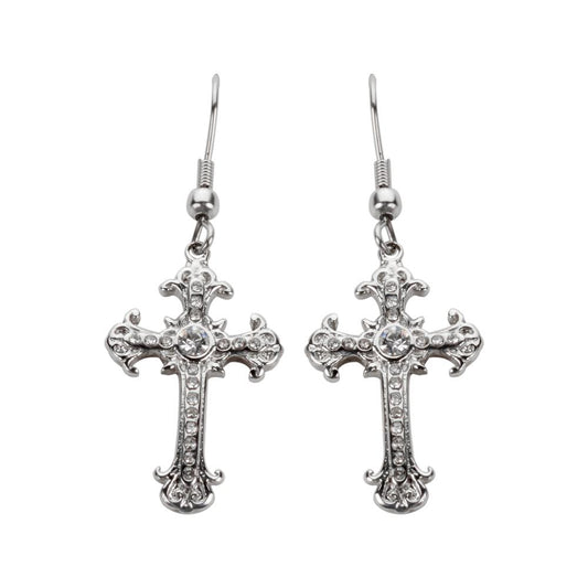 Cross Earrings French Wire Silver Tone Imitation Diamonds Stainless Steel Motorcycle Biker Jewelry