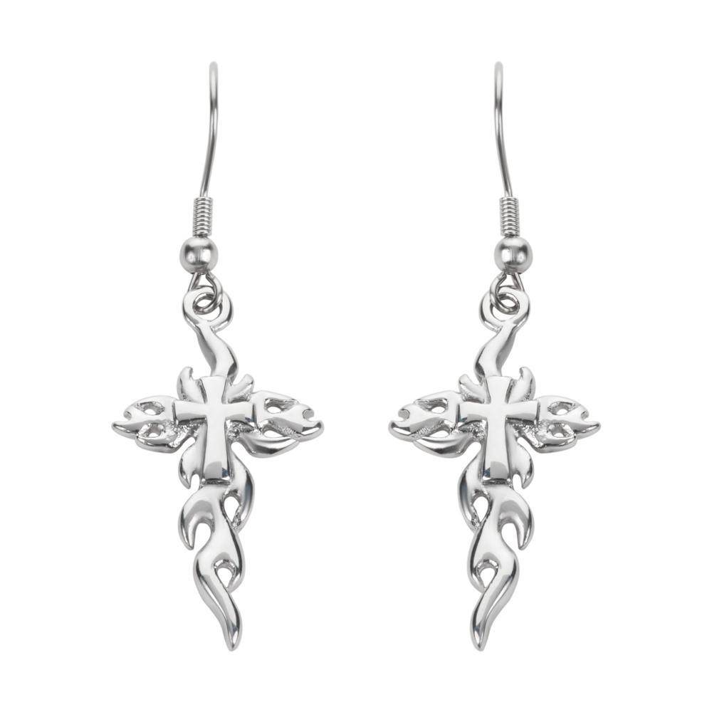 Flaming Cross French Wire Earrings Silver Tone Stainless Steel Motorcycle Biker Jewelry