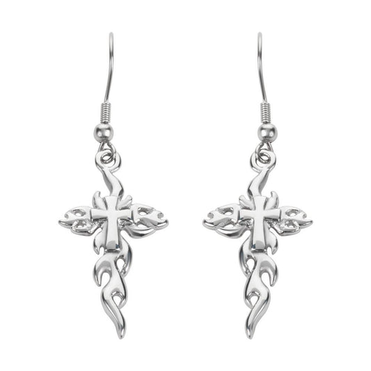 Flaming Cross French Wire Earrings Silver Tone Stainless Steel Motorcycle Biker Jewelry
