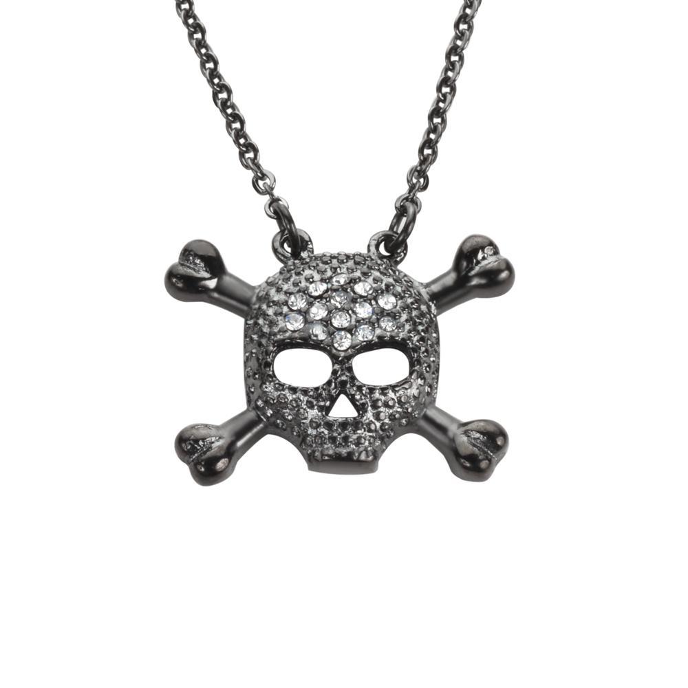Women's Small Black Bones Crystal Bling Necklace 19"  1/2" Tall Stainless Steel Motorcycle Jewelry