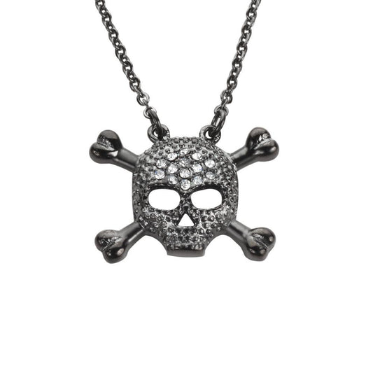 Women's Small Black Bones Crystal Bling Necklace 19"  1/2" Tall Stainless Steel Motorcycle Jewelry