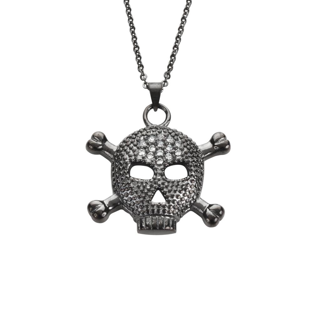 Women's Big Black Bones Crystal Bling Necklace 19" 1" Tall Stainless Steel Motorcycle Jewelry