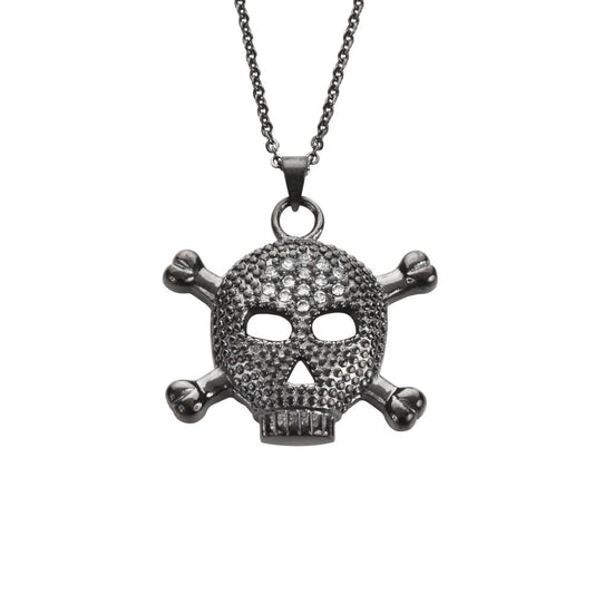 Women's Big Black Bones Crystal Bling Necklace 19" 1" Tall Stainless Steel Motorcycle Jewelry
