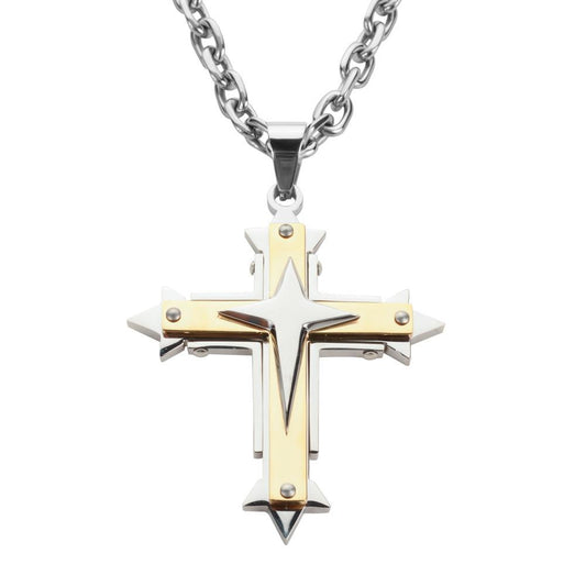 2.5" Triple Layer Cross with 5 Millimeter Byzantine Necklace 26" Stainless Steel Religious Jewelry