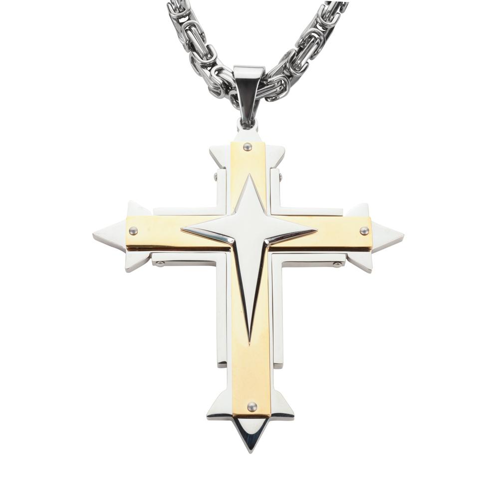 4" Triple Layer Cross with 7 Millimeter Byzantine Necklace 26" Stainless Steel Religious Jewelry