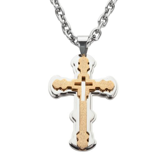 2.5" Triple Layer Cross with 5 Millimeter Byzantine Necklace 26" Stainless Steel Religious Jewelry