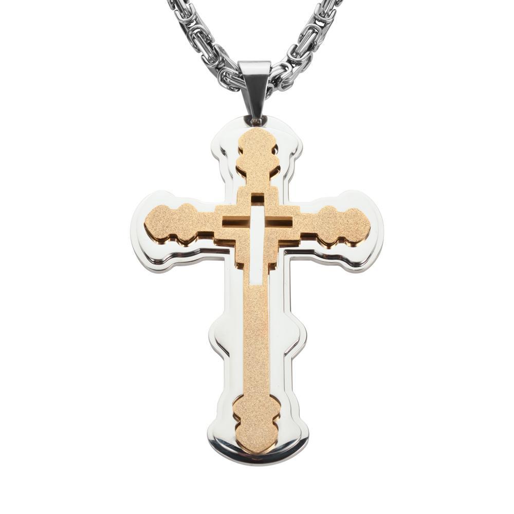4" Triple Layer Cross with 7 Millimeter Byzantine Necklace 26" Stainless Steel Religious Jewelry