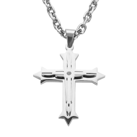 2.5" Triple Layer Cross with 5 Millimeter Byzantine Necklace 26" Stainless Steel Religious Jewelry
