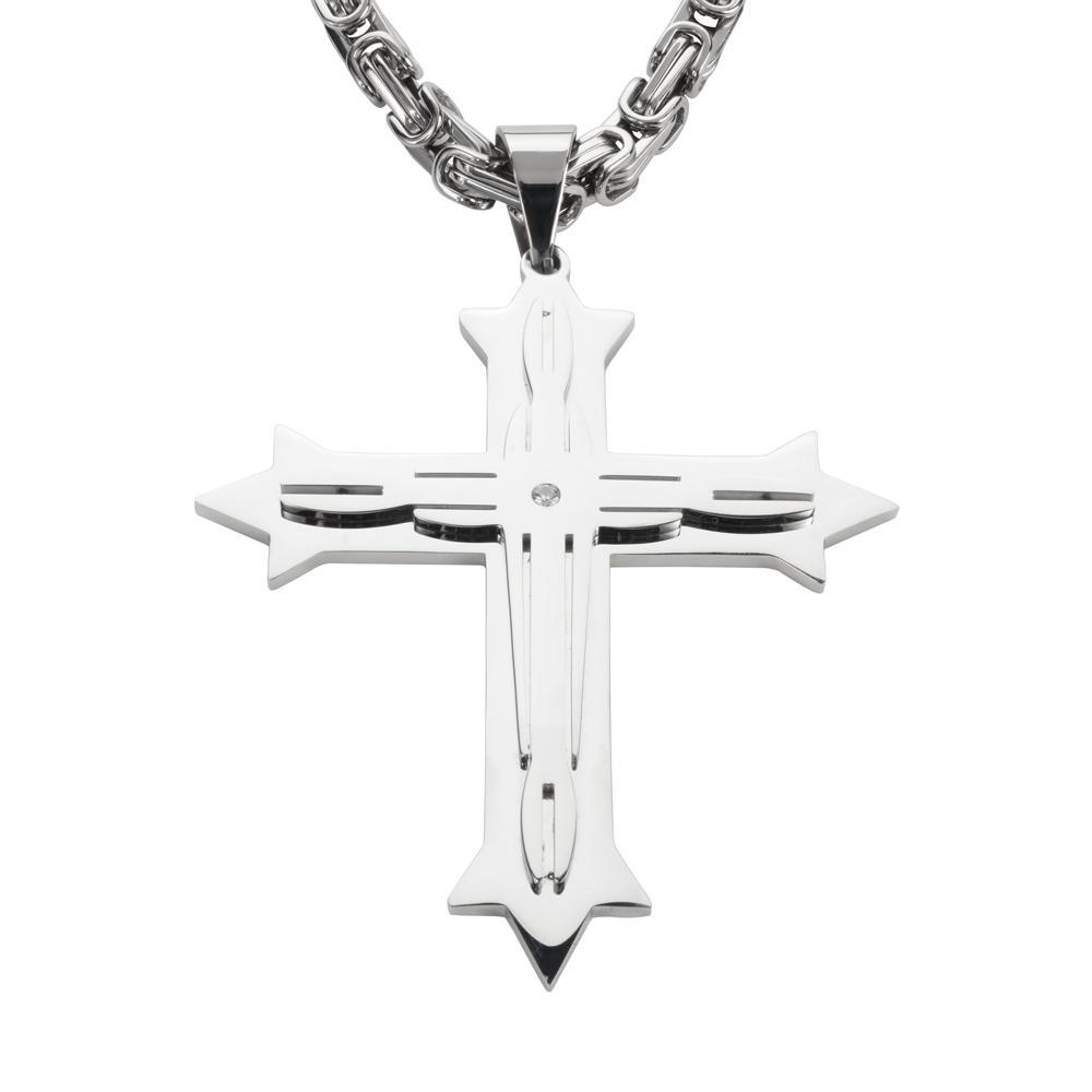 4" Triple Layer Cross with 7 Millimeter Byzantine Necklace 26" Stainless Steel Religious Jewelry