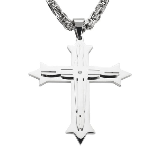 4" Triple Layer Cross with 7 Millimeter Byzantine Necklace 26" Stainless Steel Religious Jewelry
