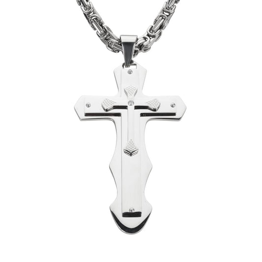 2.5" Triple Layer Cross with 5 Millimeter Byzantine Necklace 26" Stainless Steel Religious Jewelry