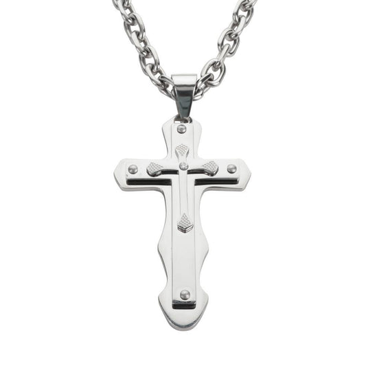 4" Triple Layer Cross with 7 Millimeter Byzantine Necklace 26" Stainless Steel Religious Jewelry