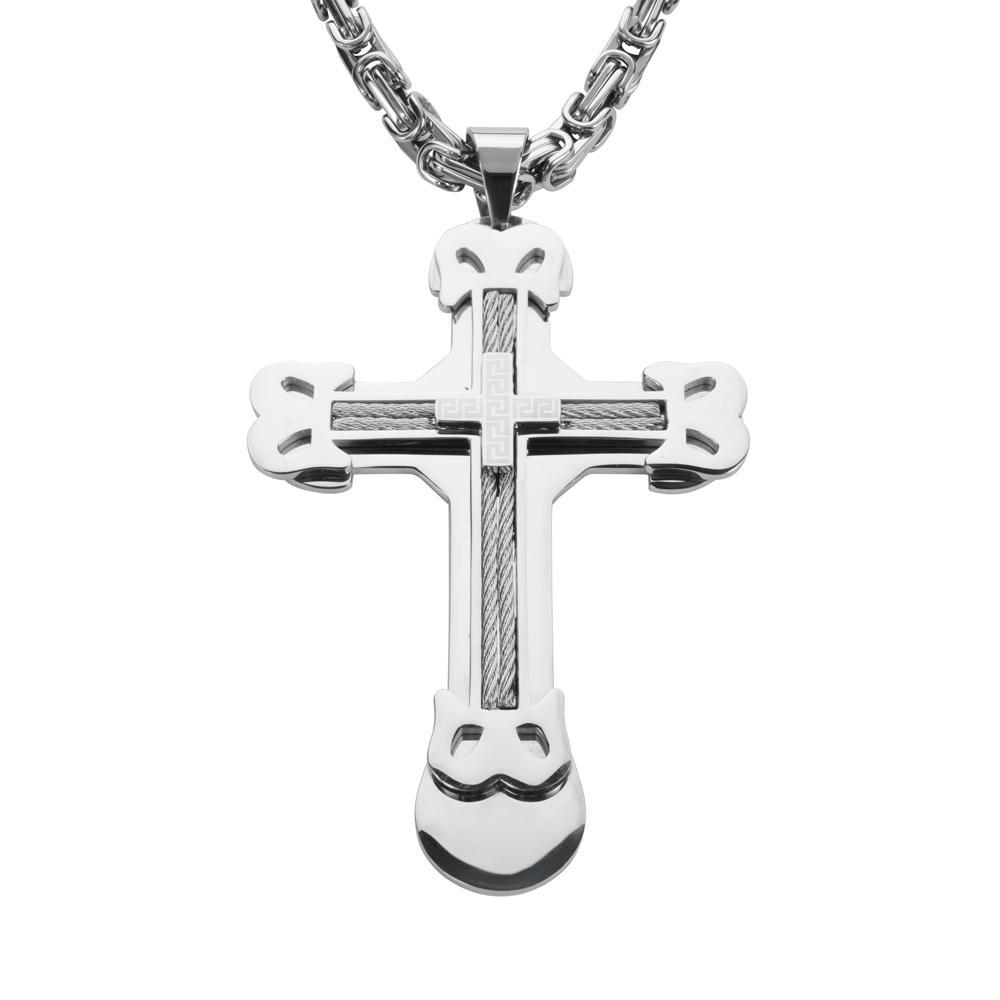 4" Triple Layer Cross with 7 Millimeter Byzantine Necklace 26" Stainless Steel Religious Jewelry