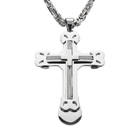 4" Triple Layer Cross with 7 Millimeter Byzantine Necklace 26" Stainless Steel Religious Jewelry