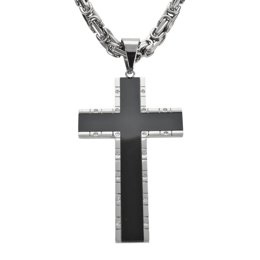 2.5" Onyx Inlay Cross with 5 Millimeter Byzantine Necklace 26" Stainless Steel Religious Jewelry