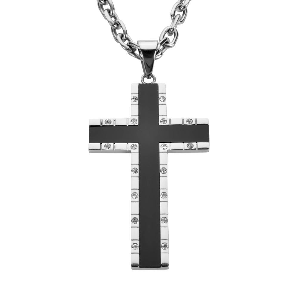 4" Onyx Inlay Cross with 7 Millimeter Byzantine Necklace 26" Stainless Steel Religious Jewelry