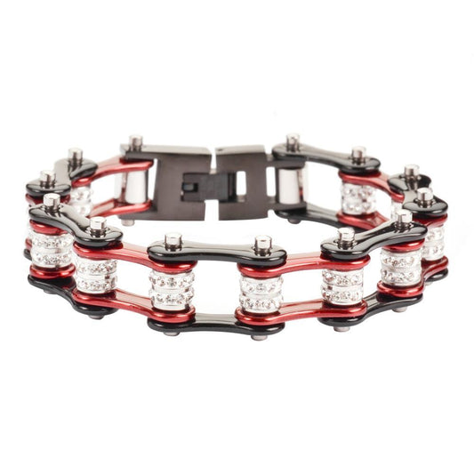 1/2" Wide Black Candy Red Double Crystal Rollers stainless Steel Motorcycle Bike Chain Bracelet