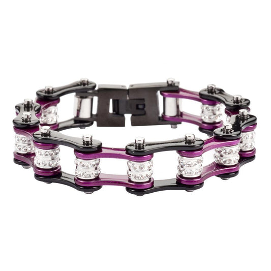1/2" Wide Black Candy Purple Double Crystal Rollers stainless Steel Motorcycle Bike Chain Bracelet