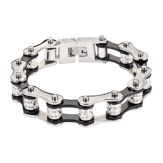 1/2" Wide Silver Black Double Crystal Rollers Stainless Steel Motorcycle Bike Chain Bracelet