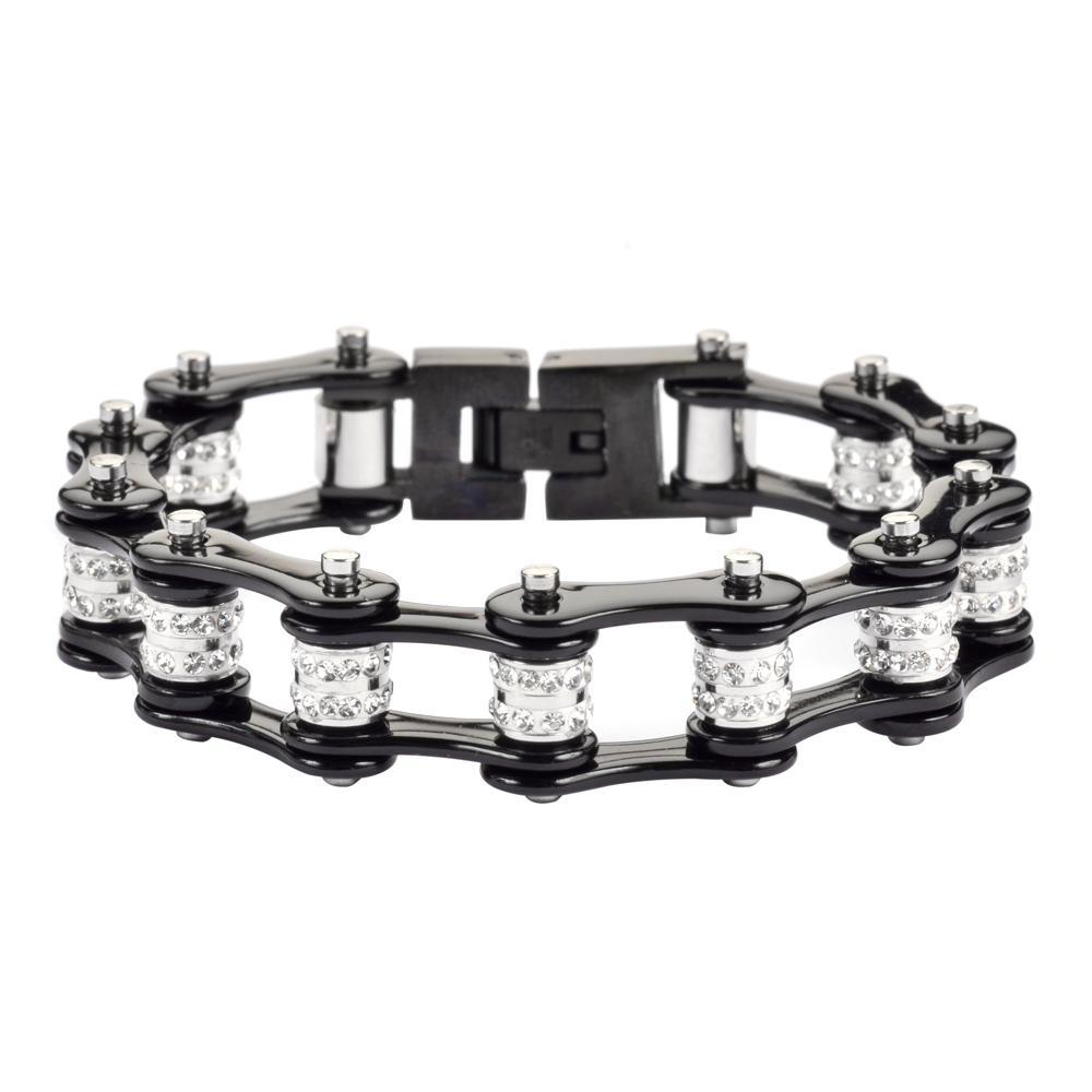 1/2" Wide All Black Double Crystal Rollers Stainless Steel Motorcycle Bike Chain Bracelet