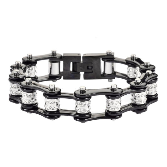 1/2" Wide All Black Double Crystal Rollers Stainless Steel Motorcycle Bike Chain Bracelet