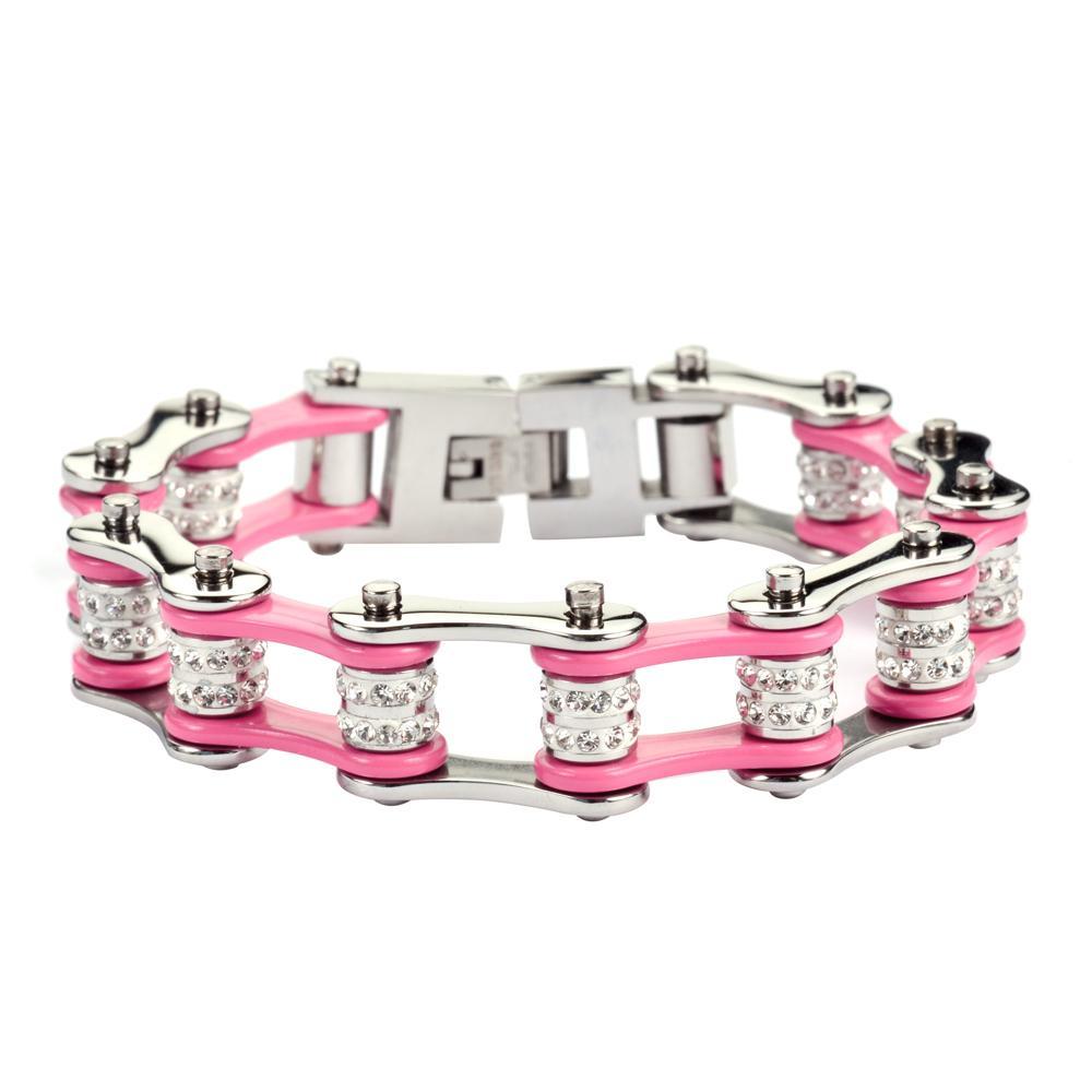 1/2" Wide Silver Hot Pink Double Crystal Rollers Stainless Steel Motorcycle Bike Chain Bracelet