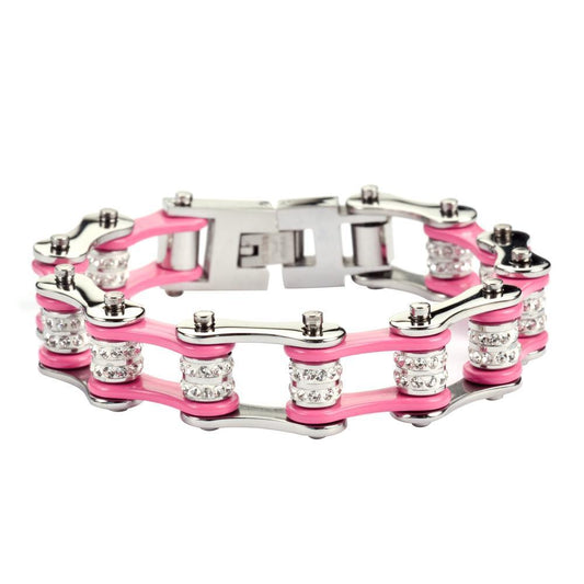 1/2" Wide Silver Hot Pink Double Crystal Rollers Stainless Steel Motorcycle Bike Chain Bracelet