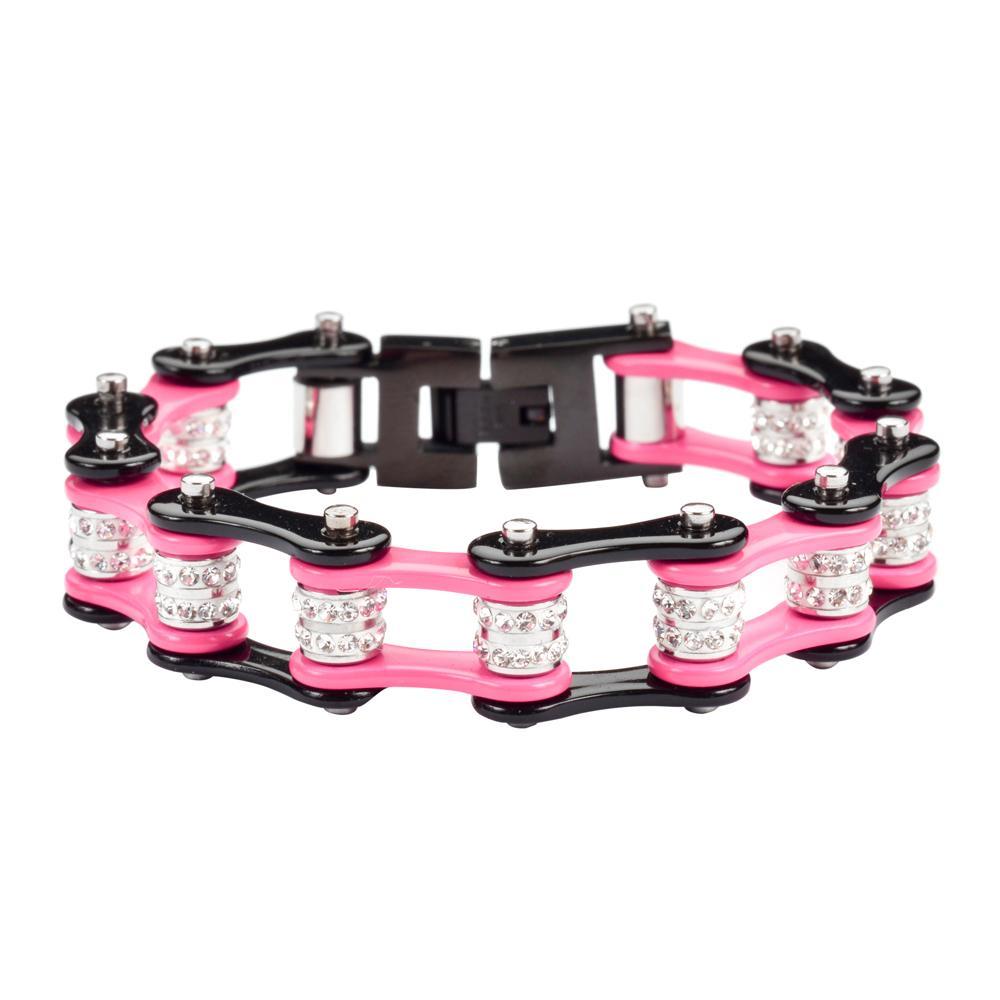 1/2" Wide Black Pink Double Crystal Rollers Stainless Steel Motorcycle Bike Chain Bracelet