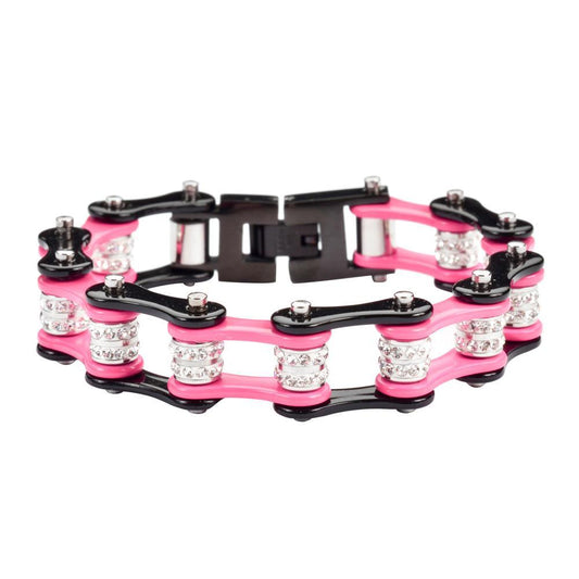 1/2" Wide Black Pink Double Crystal Rollers Stainless Steel Motorcycle Bike Chain Bracelet