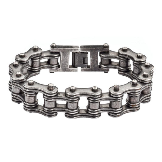 Distressed Antique Finish 3/4" Wide Double Link Design Men's Stainless Steel Motorcycle Chain Bracelet