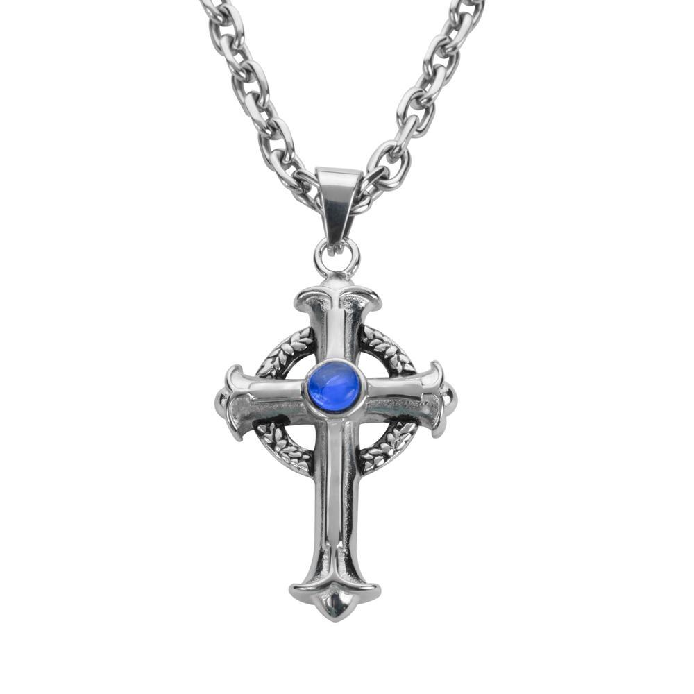 2.75" Tall Fleur De Lis Cross Imitation Sapphire Stone with 26" Link Chain Stainless Steel Religious Jewelry