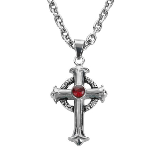 2.75" Tall Fleur De Lis Cross Imitation Ruby Stone with 26" Link Necklace  Stainless Steel Religious Jewelry