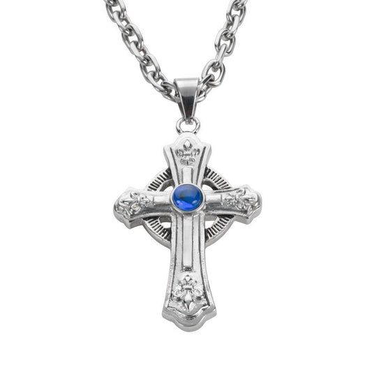 2.75" Tall Catholic Sapphire Imitation Stone Cross with Necklace 26" Stainless Steel Religious Jewelry
