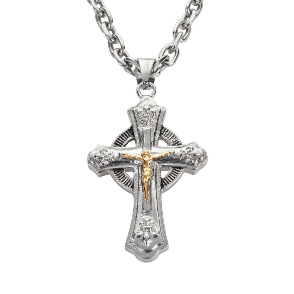 2.75" Catholic Cross Imitation Ruby Stone with Necklace 26" Stainless Steel Religious Jewelry