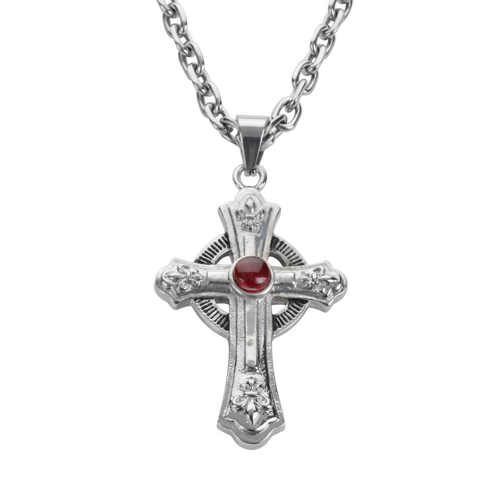 2.75" Catholic Cross Imitation Ruby Stone with Necklace 26" Stainless Steel Religious Jewelry