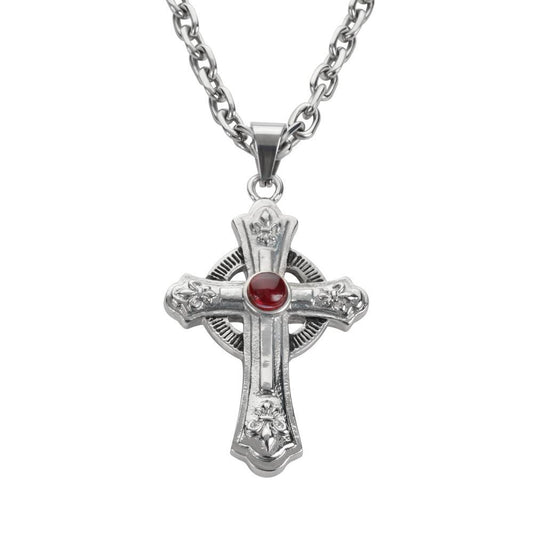 2.75" Catholic Cross Imitation Ruby Stone with Necklace 26" Stainless Steel Religious Jewelry