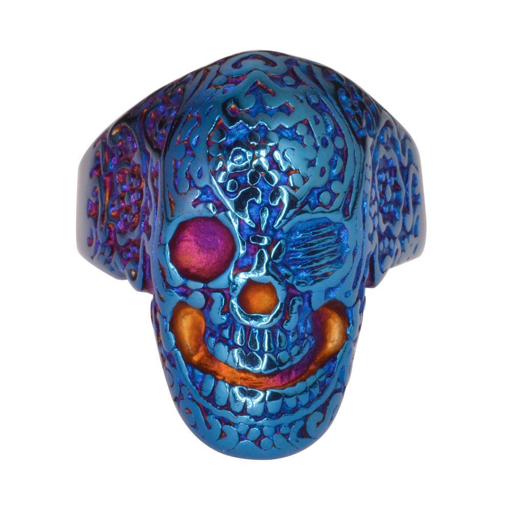 Gents Tattoo's Gone Wild Ring Blue Anodized Edition Stainless Steel Motorcycle Biker Jewelry