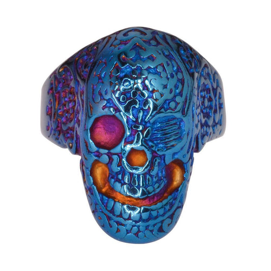 Gents Tattoo's Gone Wild Ring Blue Anodized Edition Stainless Steel Motorcycle Biker Jewelry