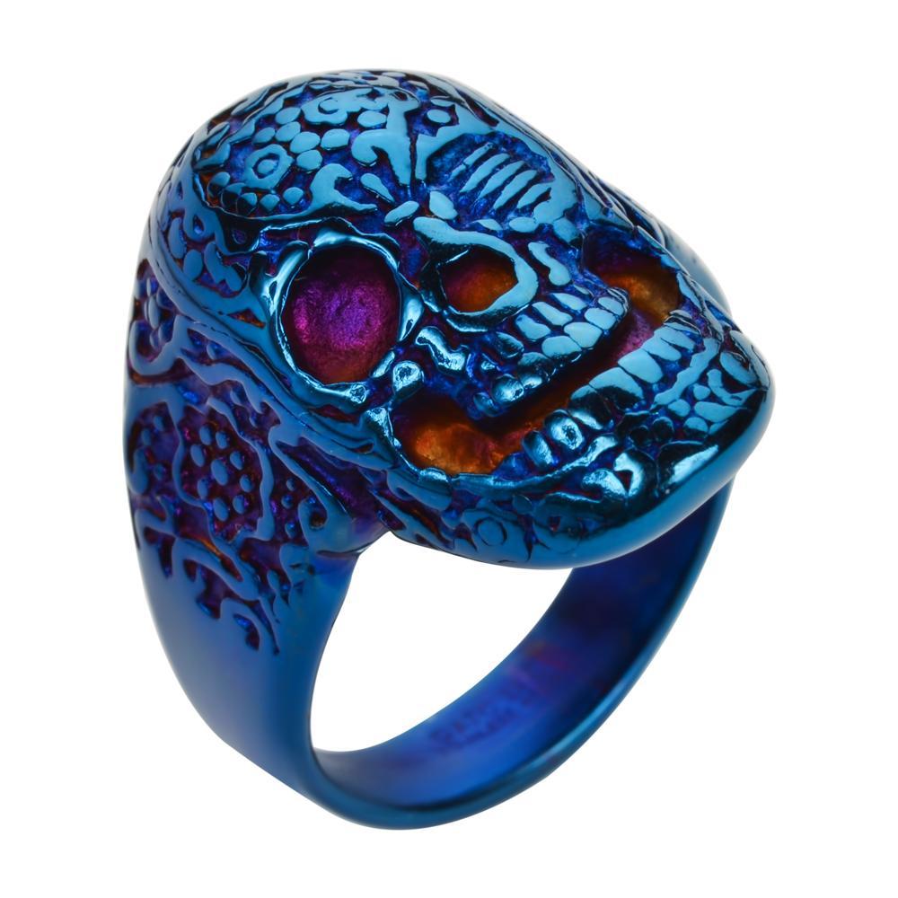 Gents Tattoo's Gone Wild Ring Blue Anodized Edition Stainless Steel Motorcycle Biker Jewelry
