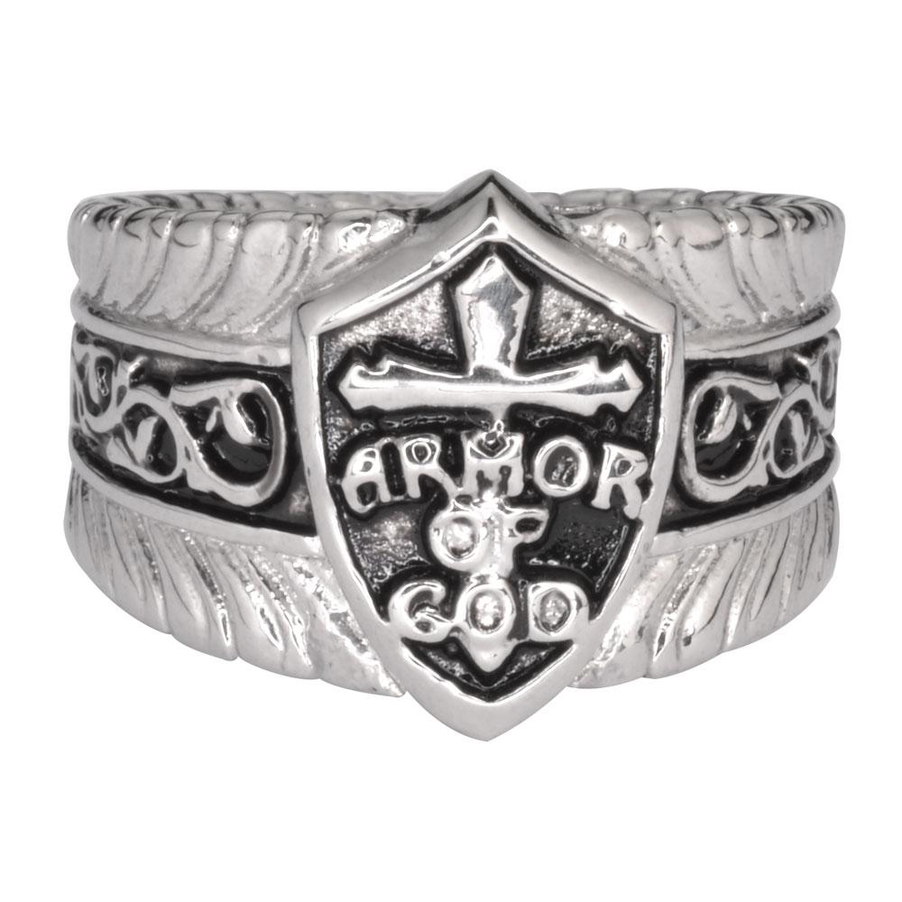 Gents' Armor Of God Shield Ring Stainless Steel Motorcycle Jewelry